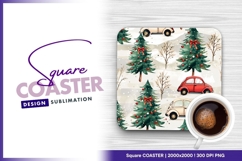Retro christmas cars and trees pattern square coaster png Product Image 1