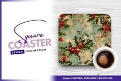 Holly berries on vintage christmas background square coaster Product Image 1