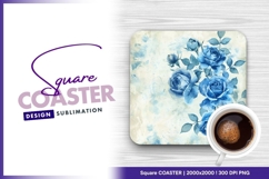 Watercolor blue roses floral background square coaster Product Image 1