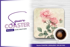 Pink roses watercolor painting square coaster design Product Image 1