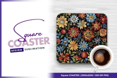 Colorful floral embroidery pattern on black square coaster Product Image 1