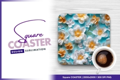 Elegant paper flowers on blue background square coaster Product Image 1