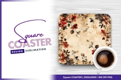 Watercolor floral frame red flowers beige square coaster png Product Image 1
