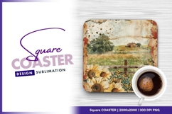 Vintage sunflower field with barn square coaster png Product Image 1