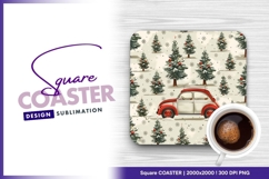 Retro car among christmas trees seamless square coaster Product Image 1