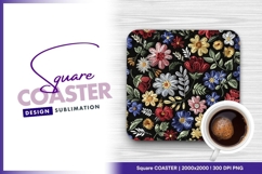 Colorful embroidered flowers on black square coaster Product Image 1