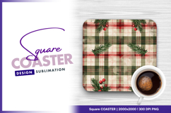 Christmas tartan fabric with pine and berries Square Coaster Product Image 1