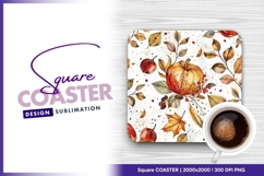 Watercolor pumpkins autumn leaves square coaster png Product Image 1