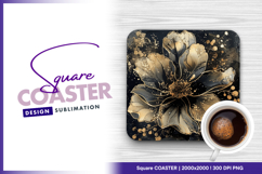 Golden flower on black square coaster Product Image 1