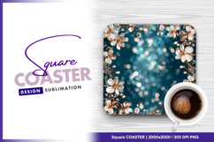Floral frame sparkling teal square coaster png Product Image 1