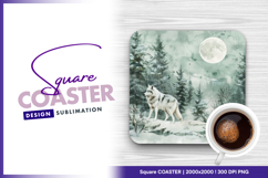 Wolf in winter forest under moonlight square coaster png Product Image 1