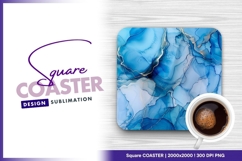 Blue and gold alcohol ink texture square coaster design Product Image 1