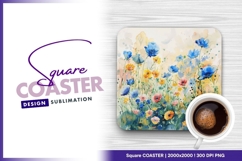 Watercolor floral field blue and yellow square coaster Product Image 1