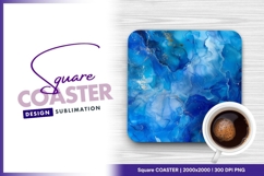 Abstract blue ink painting with gold accents square coaster Product Image 1