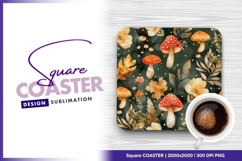 Watercolor mushroom and floral autumn square coaster png Product Image 1