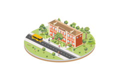 Isometric school building with yellow bus isolated on white Product Image 1