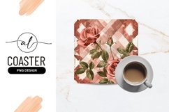 Watercolor Roses and Bud with Green Leaves on Red Checkered Product Image 1