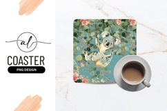 Koala Swinging on Branch with Eucalyptus and Pink Flowers Product Image 1