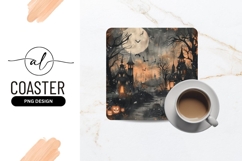 Haunted halloween village square coaster png design Product Image 1