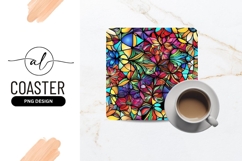 Colorful Floral Stained Glass Square Coaster Png Product Image 1