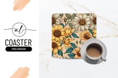 Sunflower Floral Pattern Square Coaster Png Design Product Image 1