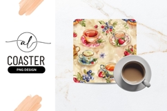 Watercolor Tea Cups Berries and Leaves on a Beige Background Product Image 1