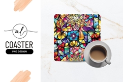 Colorful Floral Stained Glass Square Coaster Png Product Image 1