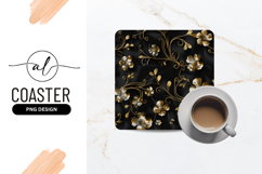 Gold Floral Pattern on Black Fabric with Square Coaster Png Product Image 1