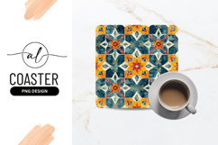 Repeating Floral Tile Pattern in Teal Orange and White Product Image 1