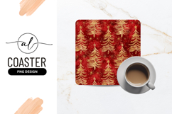 Gold Christmas Trees and Stars Pattern on Red Background Product Image 1