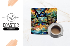 Vibrant Landscape Stained Glass Square Coaster Png Product Image 1
