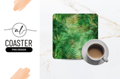 Tropical Leaves Artistic Green Square Coaster Design Product Image 1