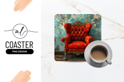 Red Vintage Armchair Against Damask Wallpaper Square Coaster Product Image 1