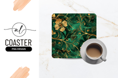 Emerald Green And Gold Floral Square Coaster Png Product Image 1