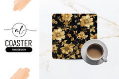 Gold Floral Pattern Black Background Square Coaster Product Image 1