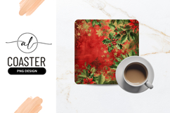 Christmas Background Poinsettia Holly Berries Square Coaster Product Image 1