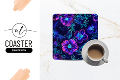 Neon Floral Pattern Dark Background Square Coaster Png Product Image 1