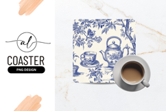 Blue Floral Tea Set Birds Square Coaster Png Product Image 1