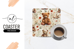 Teddy Bears And Floral Watercolor Pattern Square Coaster Product Image 1