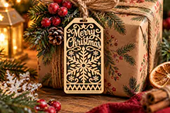 Script Christmas Tag SVG, Laser Cut Snowflake Gift Tag Product Image 2