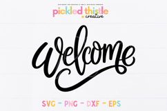 Modern cursive welcome SVG with thick strokes and elegant loops, styled for farmhouse or porch decor. Shown large and centered on a whitewashed wood background to highlight clean cut-ready lines.