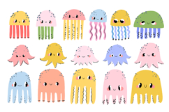 Cute Sea Creatures Clipart: 16 Hand-Drawn Jellyfish Octopus Product Image 1