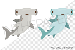 Grey and Teal Hammerhead Shark Vector Clipart Illustration Product Image 1