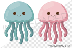 Teal and Pink Jellyfish Vector Clipart Illustration Animal Product Image 1