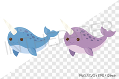 Blue and Purple Narwhal Vector Clipart Illustration Animal Product Image 1