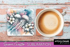 Sea Animals Coaster Sublimation - Beach Square Coaster PNG Product Image 1