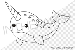 Narwhal Outline Coloring Page Clipart SVG EPS PNG Sea Animal Product Image 1