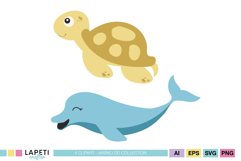 Ocean birthday party graphics set with dolphin turtle crab and starfish illustrations