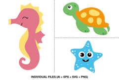 Cute sea animals clipart with seahorse turtle and starfish