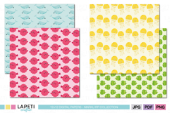 Digital paper preview with blue dolphin, green fish, yellow jellyfish and pink pufferfish patterns, cute marine collection.